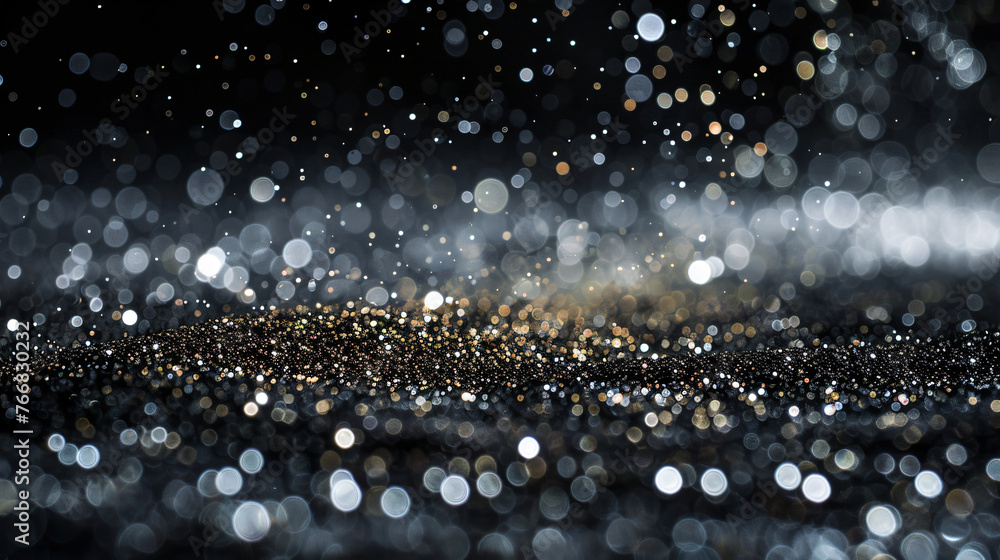Poster closeup of particles dust isolate on black abstract bokeh for overlay and background.