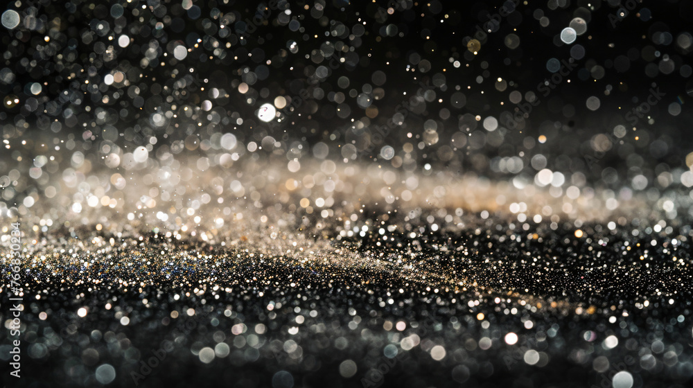 Poster closeup of particles dust isolate on black abstract bokeh for overlay and background.