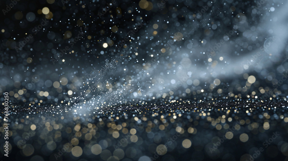 Poster closeup of particles dust isolate on black abstract bokeh for overlay and background.