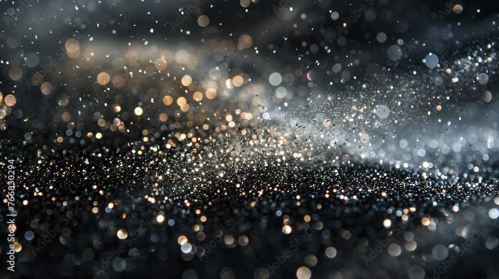 Poster closeup of particles dust isolate on black abstract bokeh for overlay and background.