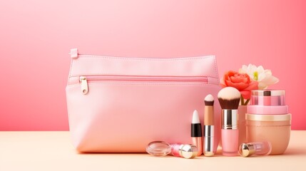 Pink makeup bag with cosmetic beauty products 