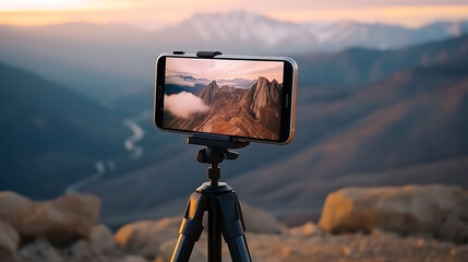 Close-up Smartphone take a Mountians Landscape photo and video timelapse on stand   - obrazy, fototapety, plakaty