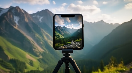 Close-up Smartphone take a Mountians Landscape photo and video timelapse on stand   - obrazy, fototapety, plakaty