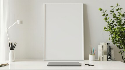 Poster mockup with vertical white frame in working room interior background
