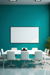 A sleek turquoise meeting room with an accent wall and a blank white empty frame.