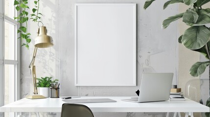 Poster mockup with vertical white frame in working room interior background