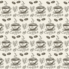 Coffee drink and beans seamless vector pattern, monochrome linear drawing, design for coffee shop decoration, textile print, wallpaper, product packaging.