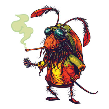 A cartoonish cockroach, dressed as a Rastafarian and smoking a joint, depicted in vector illustration style.