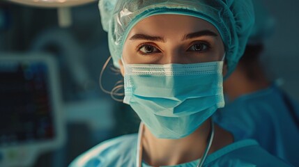 young physician wearing a cap and face mask in a surgery room, highlighting the interior of a sterile and well-organized medical environment for surgical operations