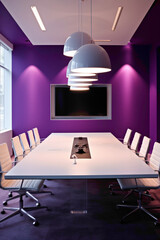 A sleek purple meeting room with pendant lights and a blank white empty frame.