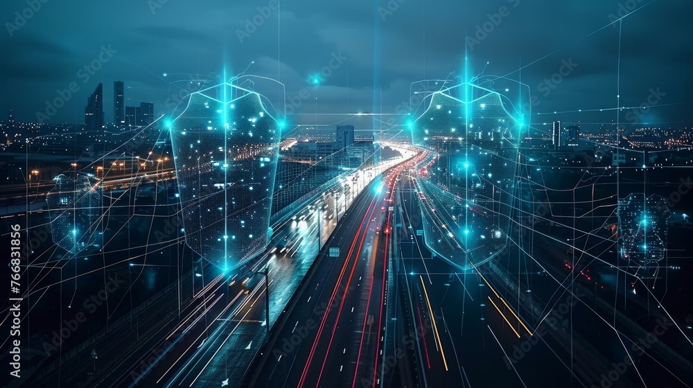 Aufkleber protective digital shields in use at a futuristic internet gateway