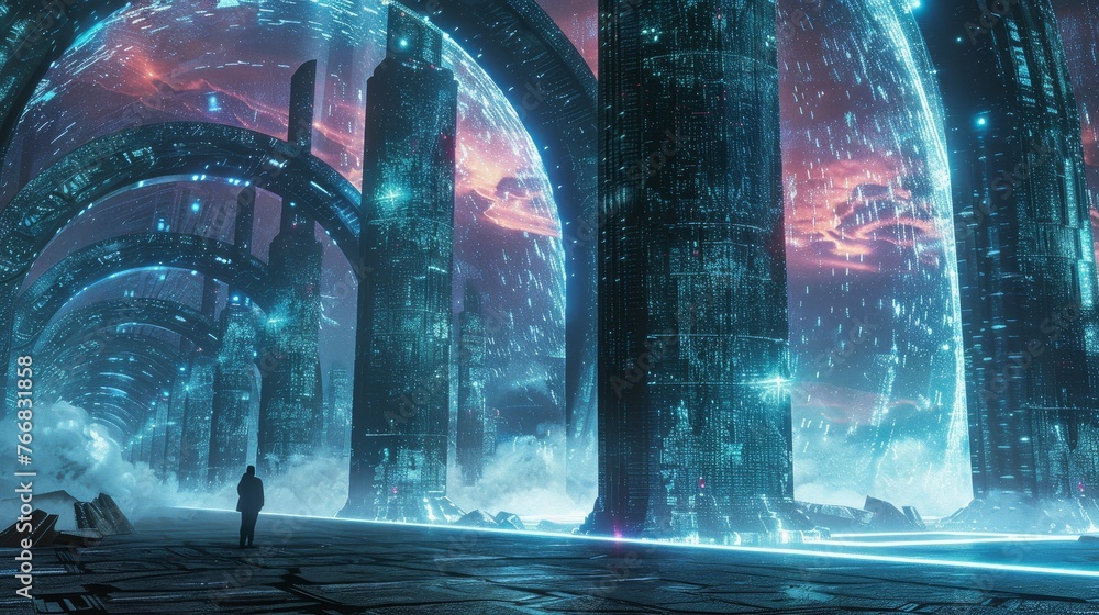 Aufkleber protective digital shields in use at a futuristic internet gateway
