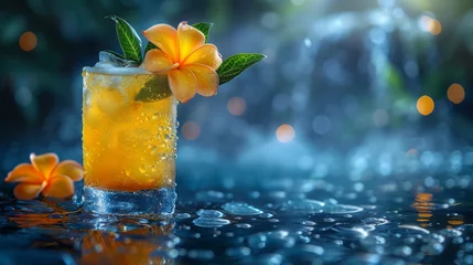 Foto auf Glas Tropical Cocktail With Ice And Plumeria Flower At Twilight © oxart_studio