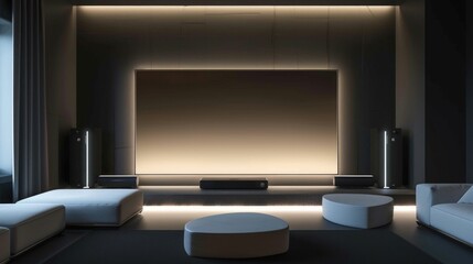 Minimalist Home Theater System in a Modern Dark Living Room. Generative ai