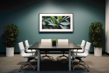 A sleek, modern meeting room setup highlighted by an empty, white picture frame, adding a touch of elegance to the vibrant surroundings.