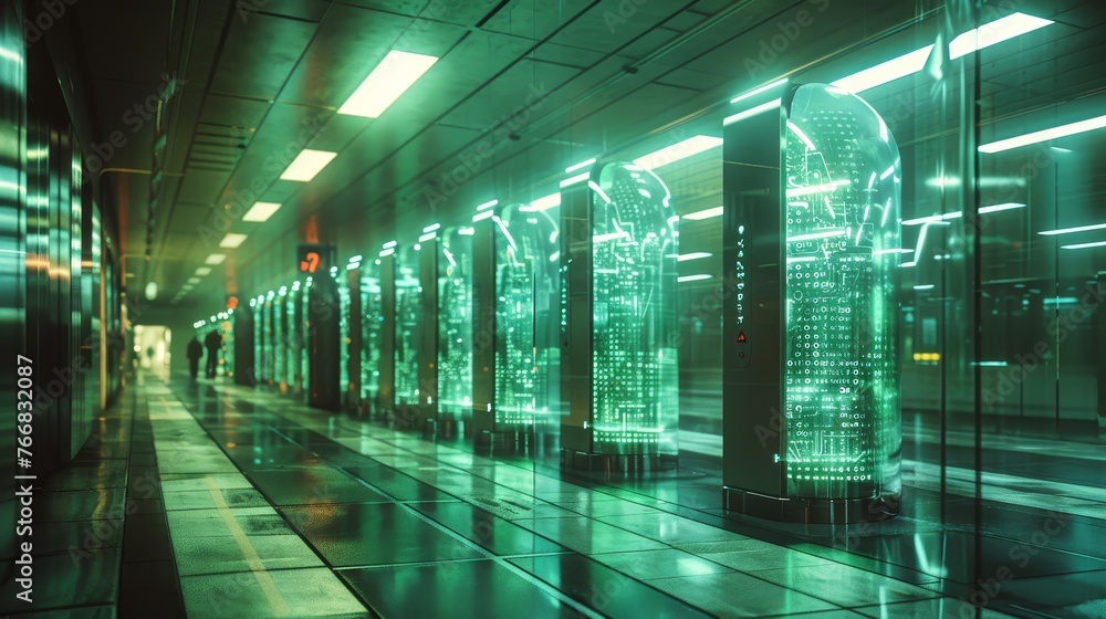 Poster protective digital shields in use at a futuristic internet gateway