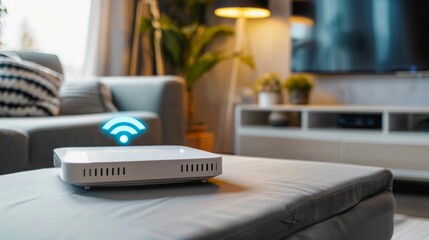 Wireless Router with Hologram Signal in Home Setting. Generative ai