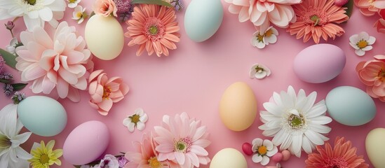 Top-down view of a festive Easter decoration arrangement featuring colorful bunny eggs, spring flowers, and pastel tones on a modern pink paper background on an office desk.