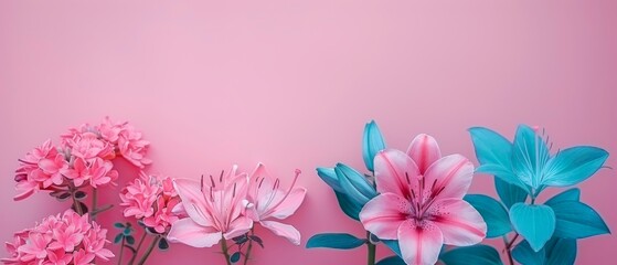   Pink & Blue Flowers on Pink Background with Pink Wall