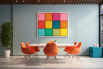 A sleek, modern meeting area featuring an empty, white picture frame against a backdrop of bright, energizing colors, invoking inspiration.