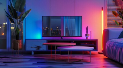 Vibrant Neon Lights in Modern Living Room Decor. Generative ai