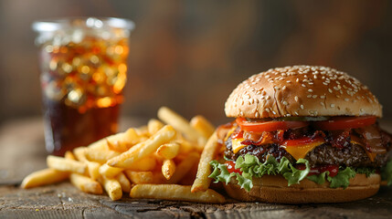 Hamburger meal served with french fries and soda  hamburger and French fries served on the wooden...
