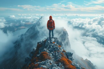 A man stands atop a towering mountain, enveloped by clouds, gazing out at the world below. The sky is a canvas of swirling white as he explores the geological phenomenon of the icy landscape - obrazy, fototapety, plakaty