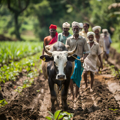 indian farmers team taking their bull ox to the A farmer ploughing in an agricultural field with the help  of bullocks, Generative Ai - obrazy, fototapety, plakaty