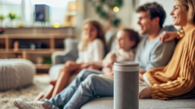 Smart Speaker on Coffee Table with Family Enjoying Time Together. Generative ai