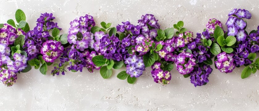   A stunning image features vibrant purple blooms set against a lush green backdrop, all captured on a pristine white surface with droplets of sparkling water In the background