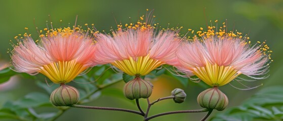   A beautiful array of pink and yellow blossoms adorning the top of a lush, verdant foliage plant, set against a softly blurred backdrop