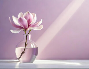 Beautiful pink magnolia flower in transparent glass vase standing on white table with sunlight on...