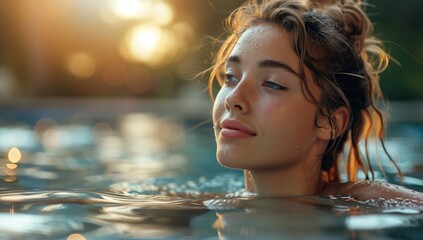 A woman is leisurely soaking in the water of a swimming pool, enjoying the fluidity around her. She feels happy and relaxed, with a flash of excitement in her eye - obrazy, fototapety, plakaty