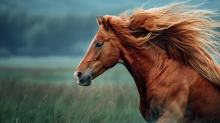 Obraz premium beautiful red horse with flowing mane running gracefully in motion portrait highlighting its strength and elegance