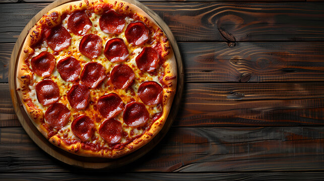 Hot true PEPPERONI ITALIAN PIZZA on towel with salami and cheese Tasty traditional pepperoni pizza on board on white wooden table. Copy space for your logo. Ideal for commercial, Generative Ai