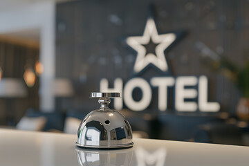 closeup of a hotel service bell on a white table with a star sign and "HOTEL" text in the background