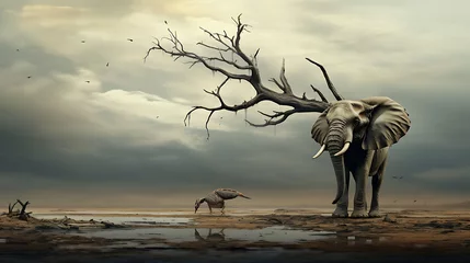  Elephant and giraffe stands on thin branch of withered tree in surreal landscape  © Shahzaib