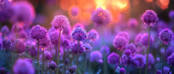   A stunning field full of vibrant purple blooms bathed in golden sunlight, with tree trunks blurred in the background and a dreamy close-up of the flowers - obrazy, fototapety, plakaty