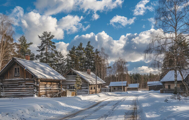 A small log cabin in the snowcovered Russian village, surrounded by wooden fences and trees covered with white powder