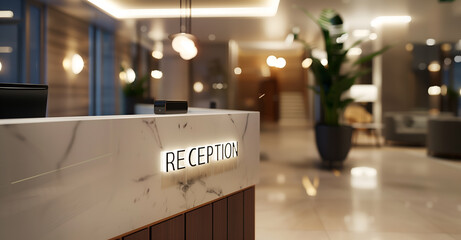 modern hotel reception desk with the "RECEPTION" sign