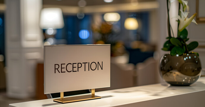 modern hotel reception desk with the "RECEPTION" sign