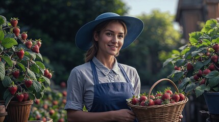 Young woman picking strawberries