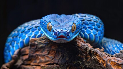 blue viper snake face closeup on tree isolated on black background highlighting the exotic and venomous reptile in a wildlife environment