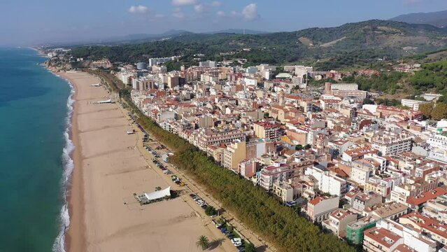 Drone picture over Costa Brava coastal and Mediterranean sea, village Calella, Spain