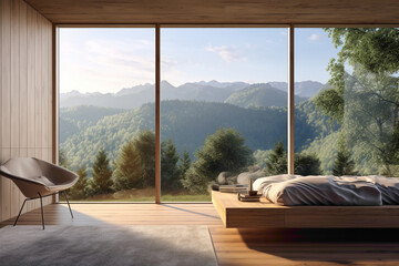 A sleek, modern computer desk nestled in a cozy corner of a sunlit room. A panoramic view showcases a serene landscape outside.