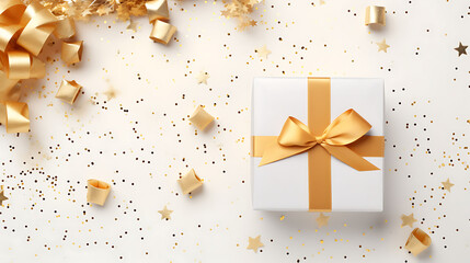 flat lay background with present box and decorations 