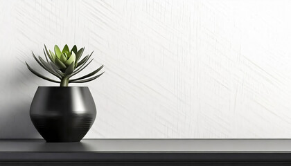 Black vase with small succulent plant on black shelf against white wall background.
