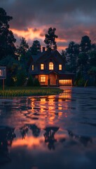 Fototapeta premium A picturesque house by rain on the street reflects its warm glowing lights at dusk, with dramatic sunset clouds overhead.