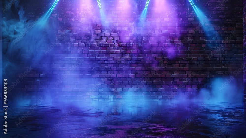 Poster empty dark scene with blue and purple brick wall texture pattern neon laser beams and spotlights ref