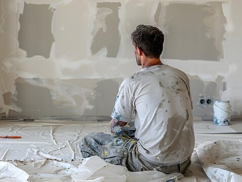 A painter, covered in splatters of white paint, takes a moment to assess his work on a partially completed drywall in a room under renovation.